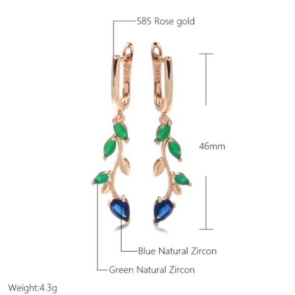 Natural Green and Blue Zircon Flower Drop Earrings 585 Rose Gold Plated New - Picture 5 of 8